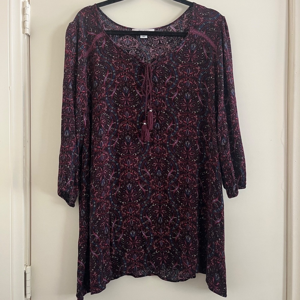 Adam Levine Womens Paisley Tunic Top XL Burgundy Long Sleeve Boho Peasant Folk